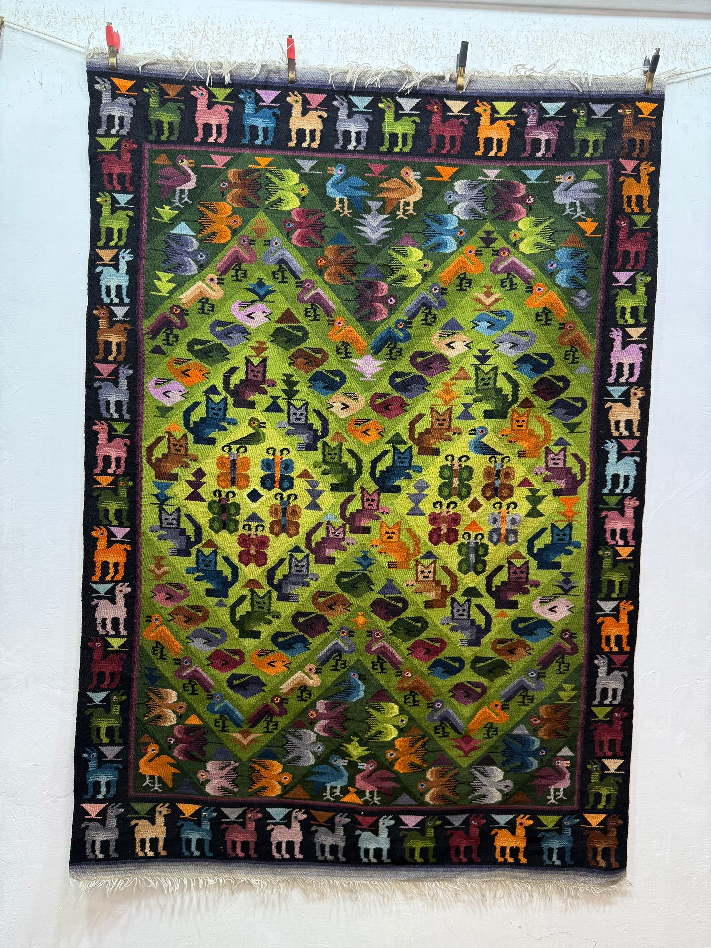 Vintage Fabulous Hand Woven Peruvian Wool Weaving Tapestry Kilim Rug Wall Hanging Floor Area