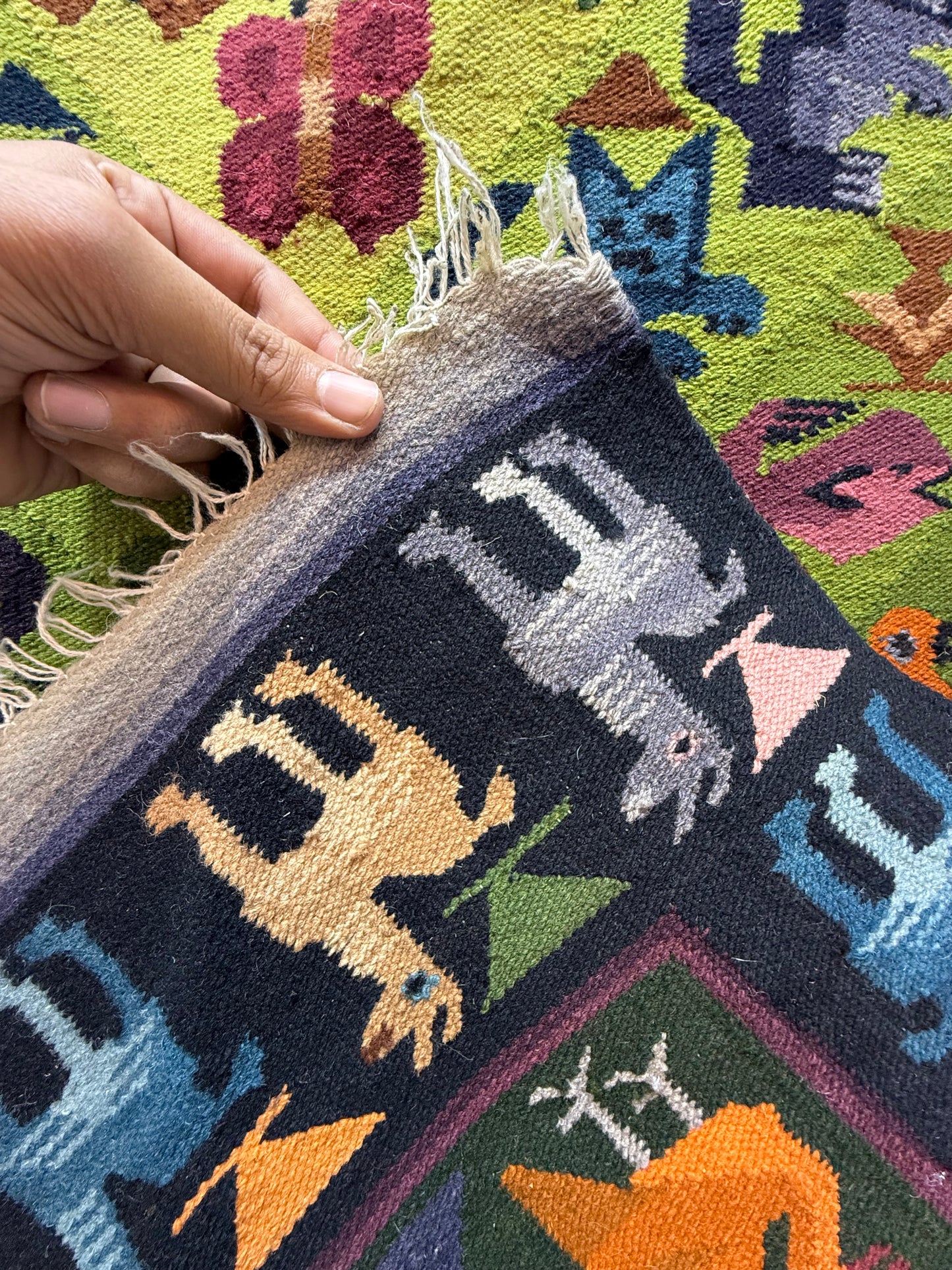 Vintage Fabulous Hand Woven Peruvian Wool Weaving Tapestry Kilim Rug Wall Hanging Floor Area