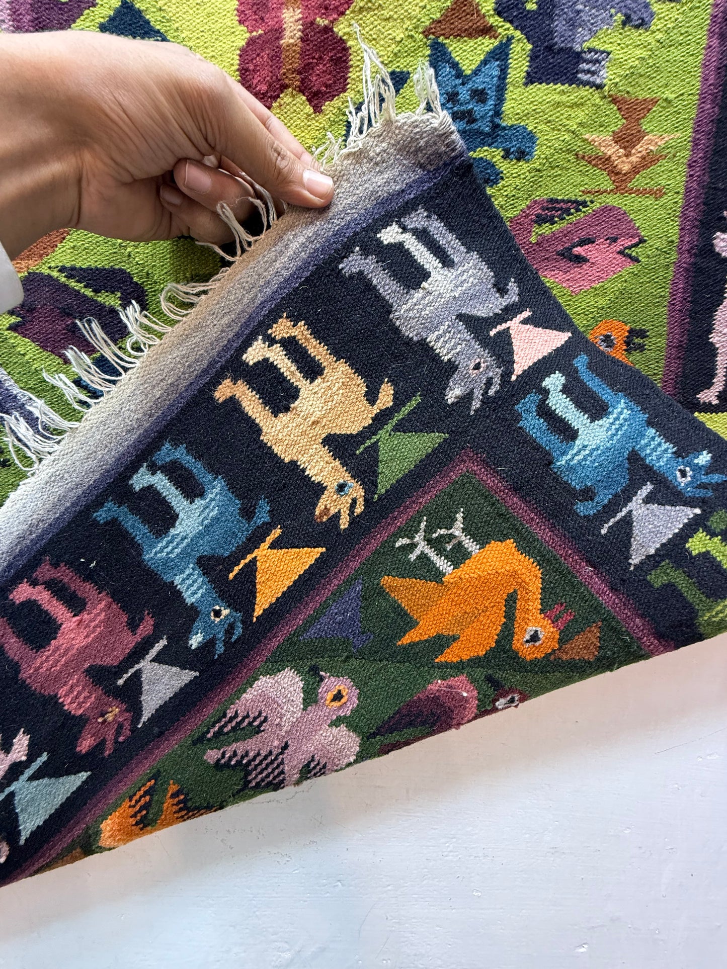 Vintage Fabulous Hand Woven Peruvian Wool Weaving Tapestry Kilim Rug Wall Hanging Floor Area