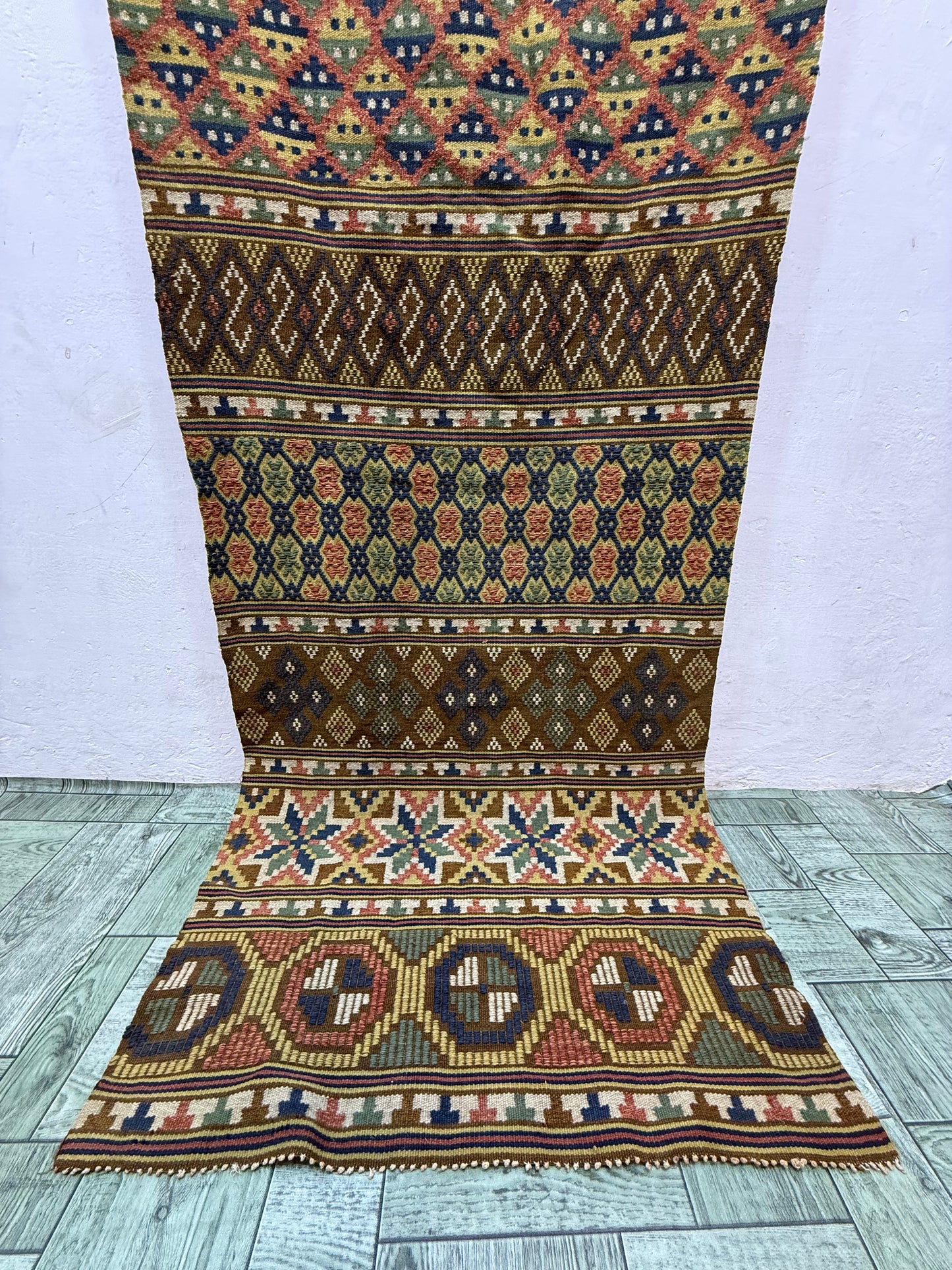 Vintage Fabulous Hand Woven Swedish Scandinavian Wool Weaving Tapestry Kilim Rug Runner Hallway Corridor Area